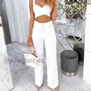 Zara white high rise gold buttoned straight trousers